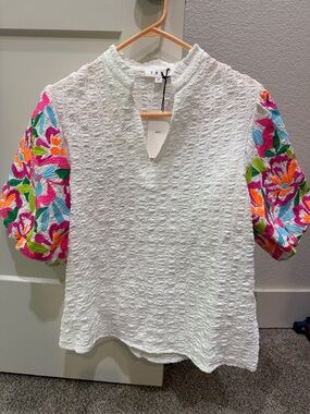 THML White Textured Blouse with Multicolor Embroidered Puff Sleeves XS